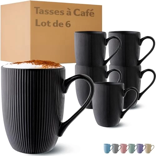 Cosumy Tasse à Café - Lot 6 Tasses à Café Noir - Modèle Unique - Céramique Mate - Résistant Micro-Ondes &amp; Lave-vaisselle - Poignée Confortable