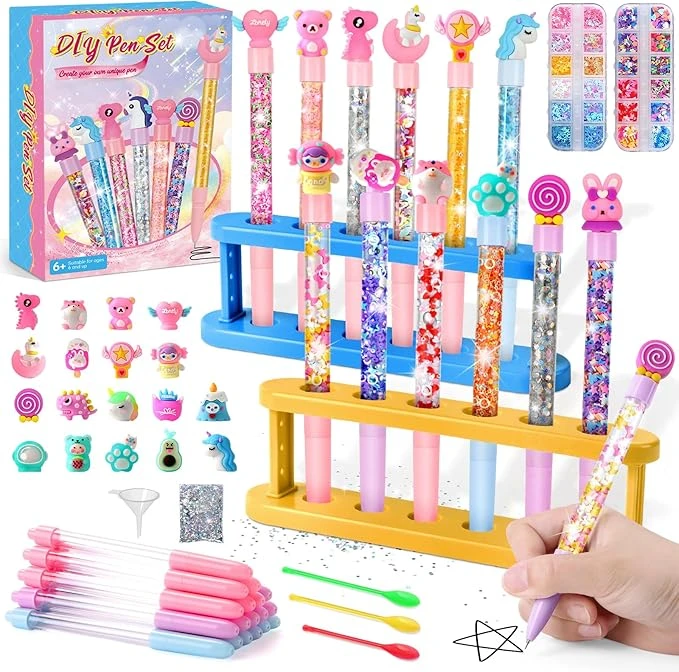 Charmofun kit de Fabrication de Stylos pour Enfants, 18 DIY Stylos Personnalisés, Kit de Creation Stylo avec Accessoires, Activité Manuelle Enfants pour Fête Scolaire, Kit Loisir Creatif Fille Garcon