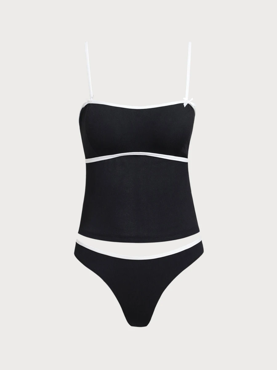 Black Contrast Color Backless Tankini Swimsuit