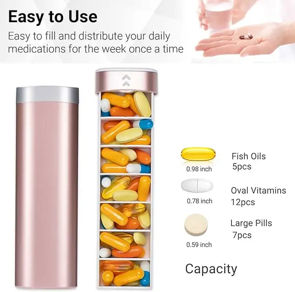 Betife Pilulier 7 jours pour le quotidien - Pilulier hebdomadaire de voyage - Joli pilulier pour contenir vitamines, médicaments, pilules, compléments (rose)