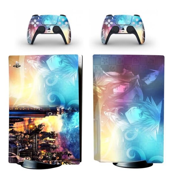 Sticker PS5 - Skin Peau d'autocollant pour PS5 Playstation 5 avec Lecteur Optique Console et 2 Contrôleurs - Kingdom Hearts Bleu