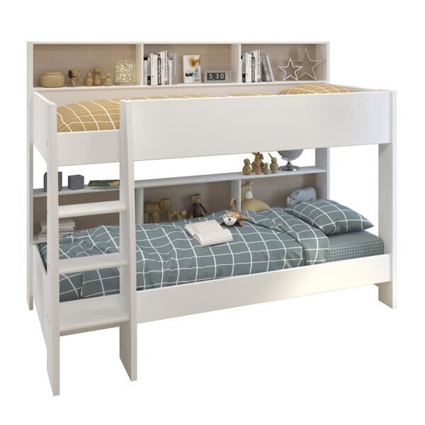 JIM Lit enfant superposé contemporain décor chêne brooklyn et blanc - l 90 x L 200 cm