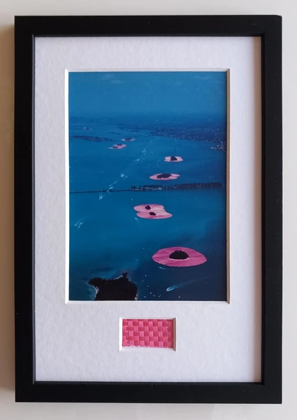 Christo & Jeanne-Claude – Surrounded Islands – artcard, framed with original fabric