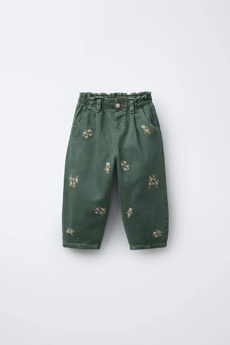 PANTALON BALLON EN SERGÉ FLEURS BRODÉES