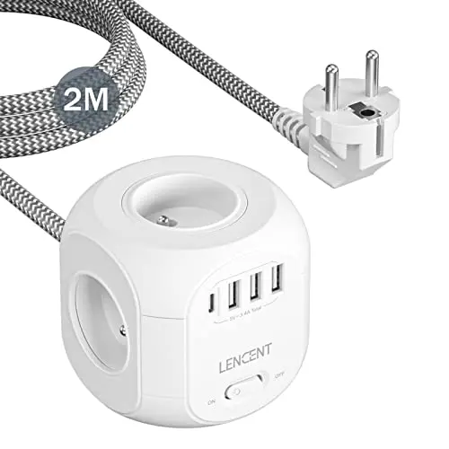 LENCENT Cube rallonge multiprise 2M avec 4 Prises AC, 3 USB et 1 Type C, Protection Contre Les surtensions pour rallonge électrique avec Interrupteur pour Maison, Cuisine, Bureau, Tressé Câble