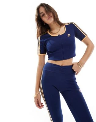 adidas Originals - Crop top côtelé à fermeture éclair - Bleu foncé