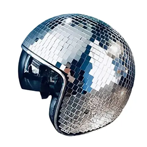 PengGengA Moto Disco Ball Casque Disco Accessoires Flash Lunettes Disco Open Face Casque Demi Visage Style Rétro Casque avec Fit Hommes Femmes Argent 28 * 23 * 15cm