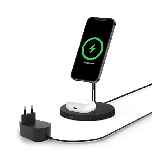 Belkin Station de recharge 2-en-1 Stand avec MagSafe (chargeur rapide de 15 W pour tous les modèles de l’iPhone 14, iPhone 13, AirPods et autres appareils MagSafe, adaptateur secteur inclus, Noir)