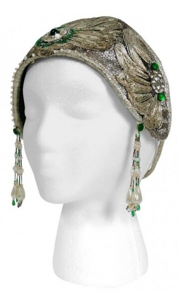 1920's Metallic Silver Lamé Beaded Green Jeweled Deco Flapper Crown Headpiece