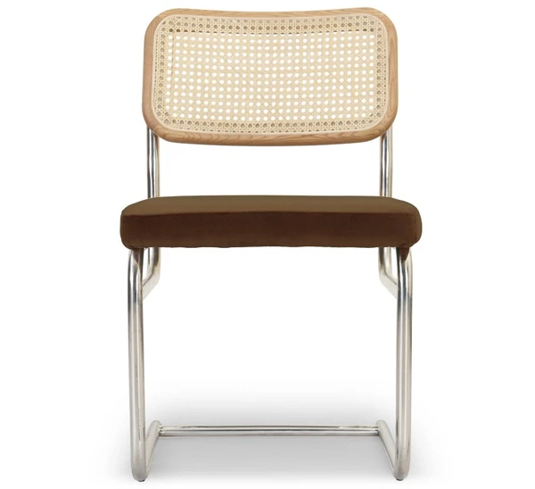 UBERTO Chaise design, Velours marron caramel, cannage & métal chromé