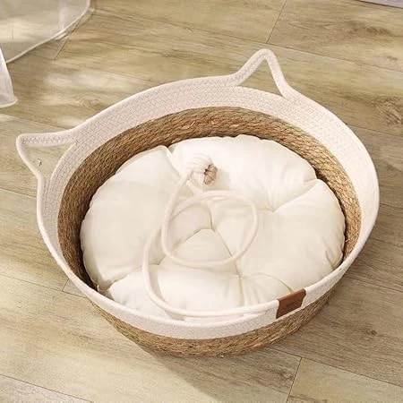 Rukuapid Niche en rotin pour chat - Rond - Panier en rotin fait main et coussin 100 % coton - 45 x 45 x 10 cm - Marron et blanc