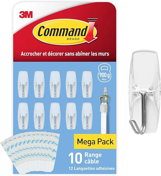 Command Crochets Transparents avec Pointe Métal, Moyen Modèle, 10 Crochets, 12 Languettes - Pour la Décoration de Noël et des Guirlandes Lumineuses - Accrochage Sans Dommage