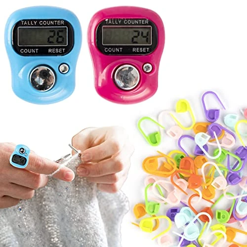 Taekooki Lot de 2 Compteurs de Doigts Numériques, Compte Rang Tricot, avec 60 Marqueurs de Mailles à Tricoter, Clip de Fermeture au Crochet, Marqueurs Colorés