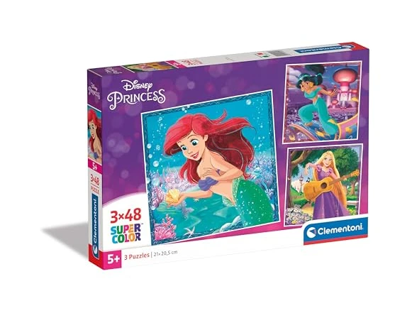 Clementoni- Disney Princess Supercolor Princess-3x48 Enfants 5 Ans, Boîte De 3 (48 Pièces), Puzzle Dessin Animé-Fabriqué en Italie, 25304