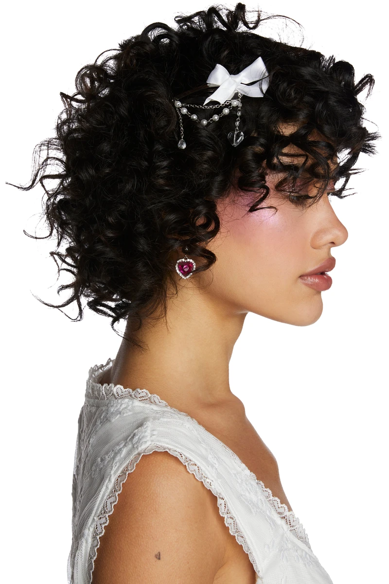 Heart Charm Bow Hair Clips Set - Silver