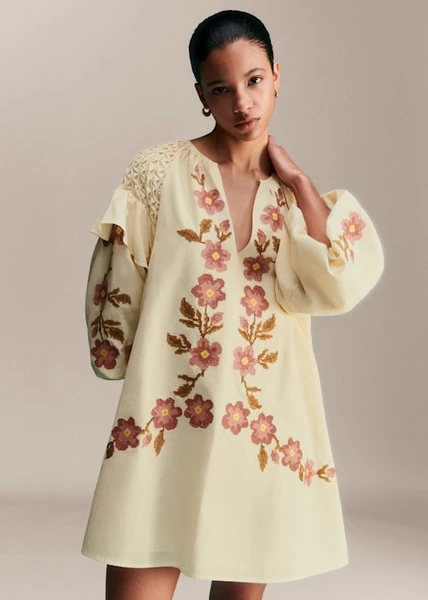 Robe Lupita - Broderie Contrastée Fleurs Fond Ecru