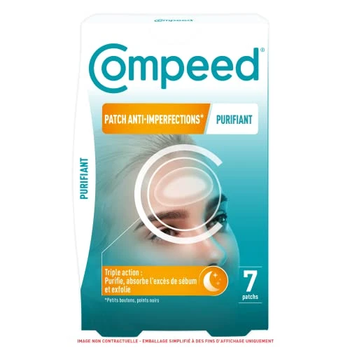 Compeed - purifiants–Patchs anti-imperfections* hydrocolloïdes - Idéal pour une utilisation la nuit- pour zone d'imperfections étendues - 7 Patchs - 6,8x4,2 cm points noirs et petits boutons