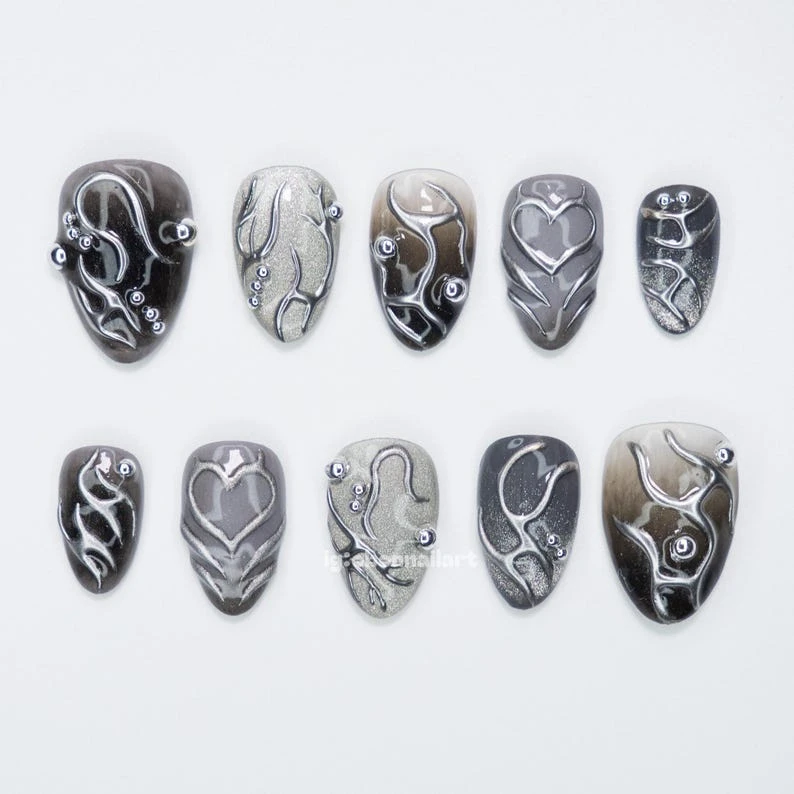 Chrome fumé, ongles press on peints à la main, réutilisables, pour fêtes et mariages, ongles premium OB94