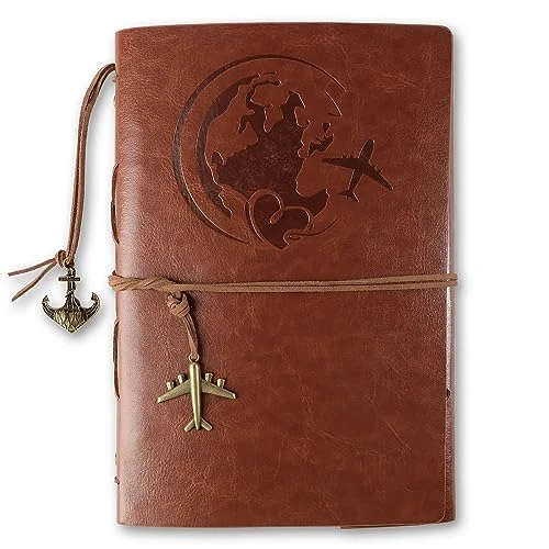 GEBETTER Carnet de Note Cuir A5 Journal à Spirale Rechargeable Vintage Carnet de Voyage Brun Rétro Agenda Croquis Dessin Cadeau pour Anniversaire Noël Fille Garçon Ami Proche (Motif d'Avion)