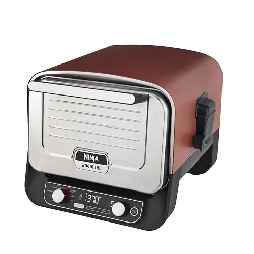 Ninja Woodfire Four à pizza extérieur électrique 8-en-1, rotissoire &amp; fumoir barbecue avec grille, plaque pro-heat, pierre à pizza, granulés de bois et pelle, 6 réglages, orange foncé OO101EU