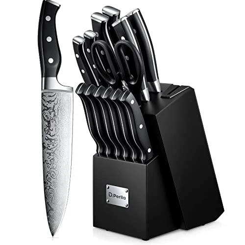 D.Perlla Couteau Cuisine, Bloc de Couteaux 14 pièces avec Affûteur Intégré, Bloc Noir en Bois, Couteaux Ciseaux, Acier Inoxydable, Manche Noir