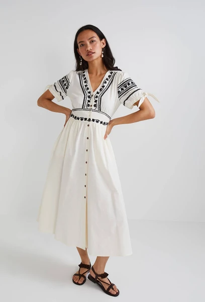 Robe midi brodée unie en coton BIO GOTS et lin ECRU pour femme MONOPRIX