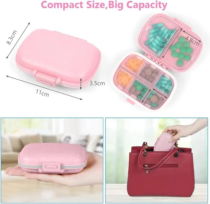 ACWOO Pilulier Portable, Semainier Medicament, Pilulier Avec 8 Compartiments, Plastique Boîtes à Pilules, Distributeur De Pilules Médicaments pour Médicaments, Suppléments et Vitamines (Rose)