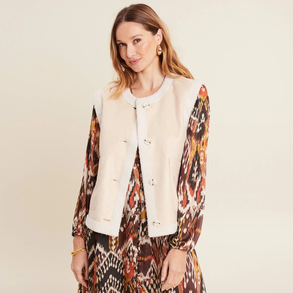 Gilet réversible laine mouton beige femme