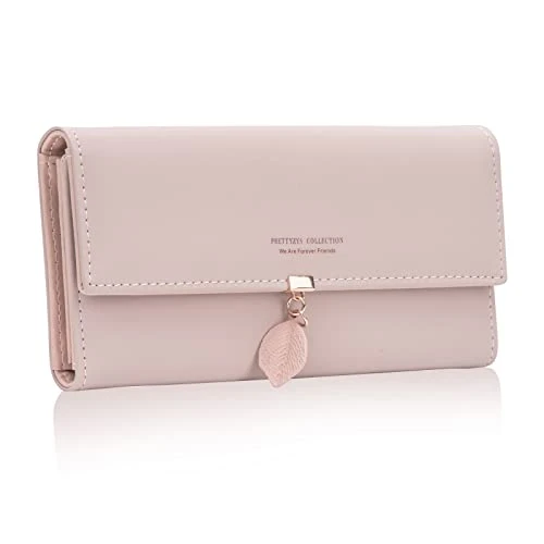 Tunejoy Portefeuille Femme Rose Porte Monnaie Femme Grande Capacité Cuir de PU Bifold Cadeaux pour Noël Saint-Valentin Filles Mesdames avec 9 Emplacements de Cartes Feuille Pendentif