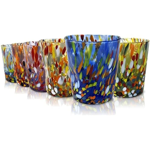 MAZZEGA ART & DESIGN - 6 Verres Tumbler en Verre Soufflé et Fait Main avec Murrine de Murano Raffinée et Originale - Les Couleurs de Murano - Modèle Tumbler 350 ml. Fabriqué en Italie