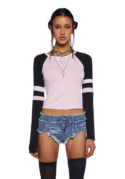 Womans Collegiate Back To School Long Sleeve Raglan Stretchy Knit Top - Multi
