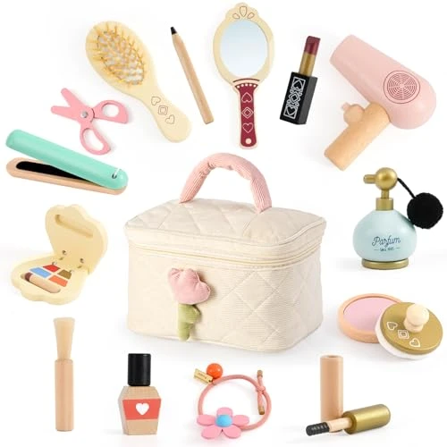 Atoylink Faux Maquillage Enfant Fille en Bois, Kit Maquillage Enfant avec Accessoires de Coiffure Trousse Maquillage Jeux en Bois Jouet Cadeau pour Fille 3 4 5 6 Ans