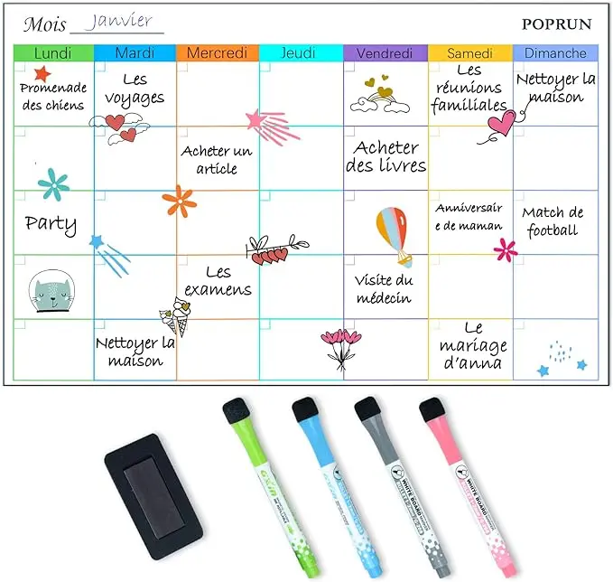 POPRUN Calendrier magnetique Tableau blanc Planning frigo,Organisation Familiale,Planificateur Mensuel/Semainer effaçable parfait pour Planification des Tâches, Semaine Menus/Repas- en Français