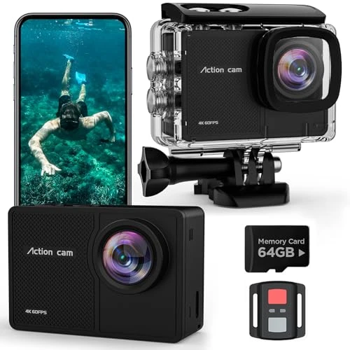 TIMNUT 4K60FPS Caméra Sport- Caméra Étanche avec Carte SD 64G 48MP HD WiFi Camera with EIS, Caméras Embarquées with 2 * 1350 mAh Batteries Télécommande 2.4G,Kit d'Accessoire