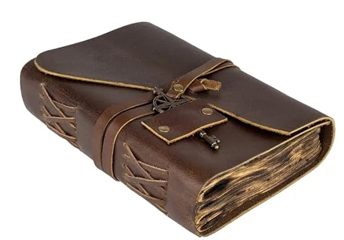 Journal en Cuir Vintage avec Papier À Bord Brûlé Antique - Parfait Pour L'Écriture, Le Journal Des Ombres, Un Grimoire, Des Croquis, Comme Un Journal - 13x18 cm
