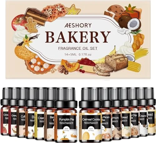 AESHORY Set Huiles Essentielles Boulangerie TOP14, Huile Essentielle Parfumée Halloween, Noël, pour Diffuseur, DIY Bougie - Tarte à la Citrouille, Pain d'épice, Cookie au Chocolat, Pomme à la Cannelle