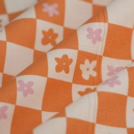 Tissu popeline coton damier fleur rose orange