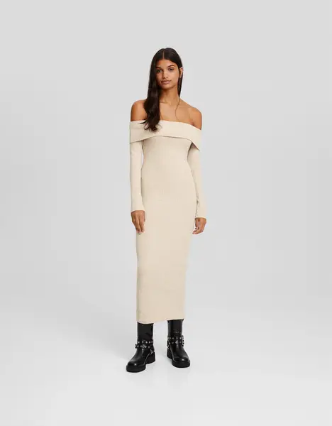 Robe longue col Bardot manches longues maille