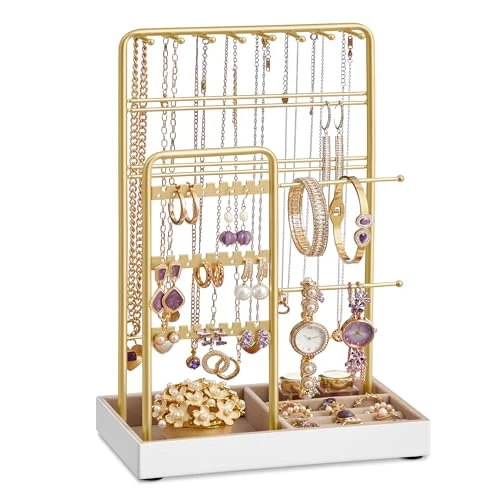SONGMICS Porte-bijoux, Support à Bijoux, Organisateur de Bijoux, Présentoir Accessoires, en Métal, Plateau en Velours, pour Colliers, Bracelets, Boucles d’Oreilles, Bagues, Doré JJS021A01