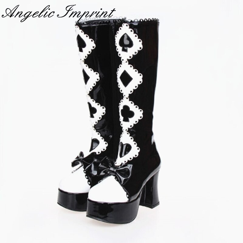 Bottes hautes gothiques noires et blanches, série Alice au pays des merveilles, à semelle haute, Lolita Cosplay