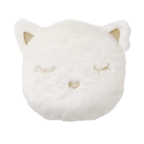 Coussin chat imitation fourrure blanche brodé doré 30x30 | Maisons du Monde