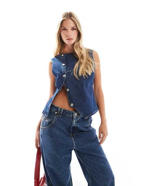 ASOS DESIGN - Gilet de tailleur asymétrique en jean - Indigo