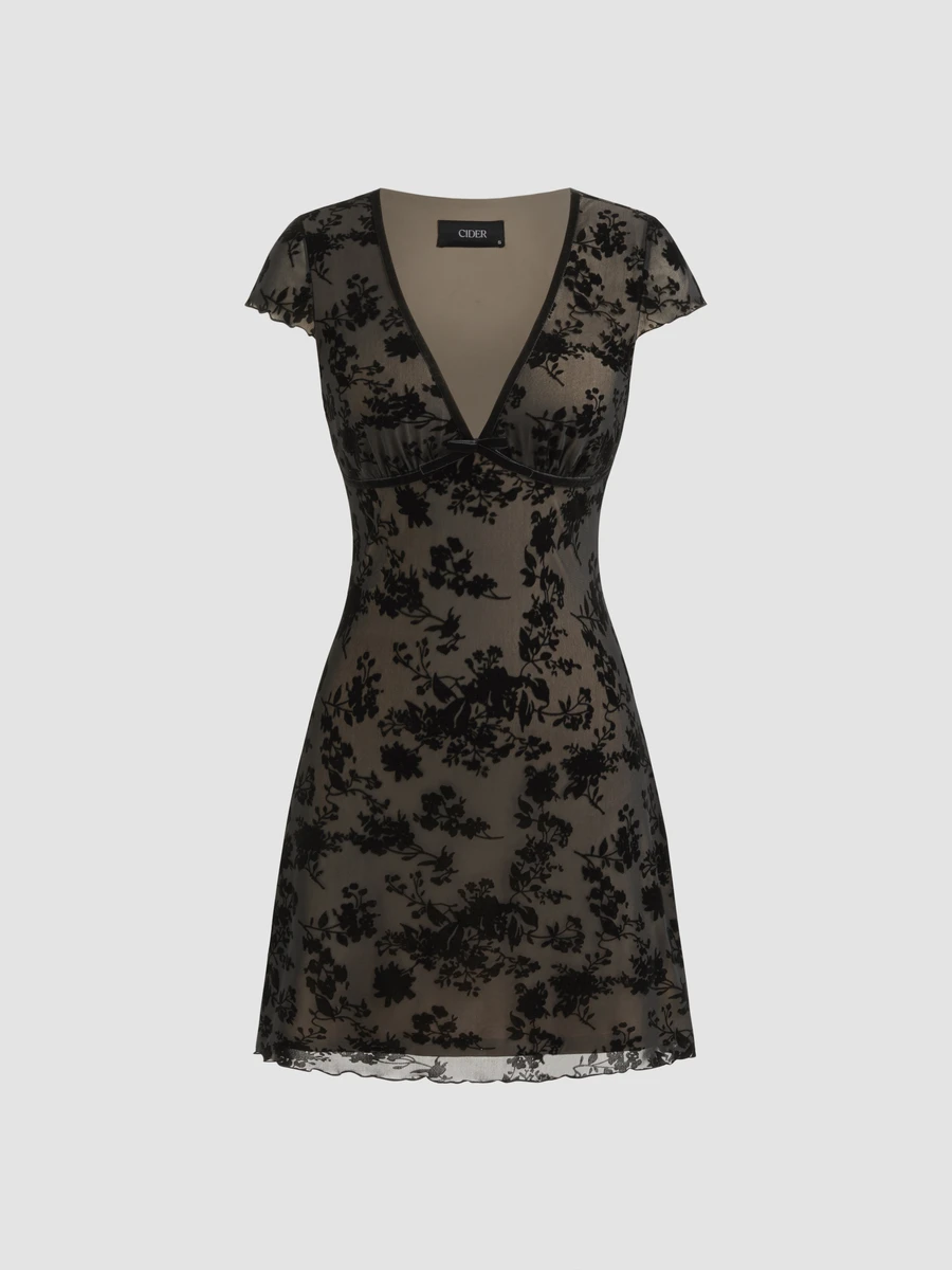 Robe mini en maille, col V, fleurs et ruban