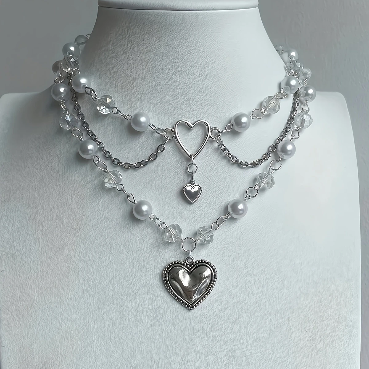 Collier perles et cœur argenté 
