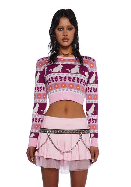 Sugar Thrillz Cat Fair Isle Crop Sweater - Pink