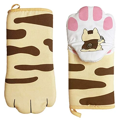 Gant Cuisine Résistant à la Chaleur Jusqu'à 250 ℃ Antidérapant Patte de Chat Antidérapant Gants Isolants Manique et Gant pour Barbecue Patte de Chat de Dessin Animé Mignon pour la Cuisson 2 Pièces (B)
