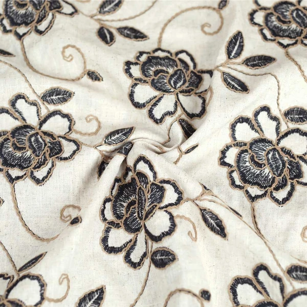 Tissu viscose et lin brodé beige à motif brodé floral | Tissu pour couture d'habits de poids moyen