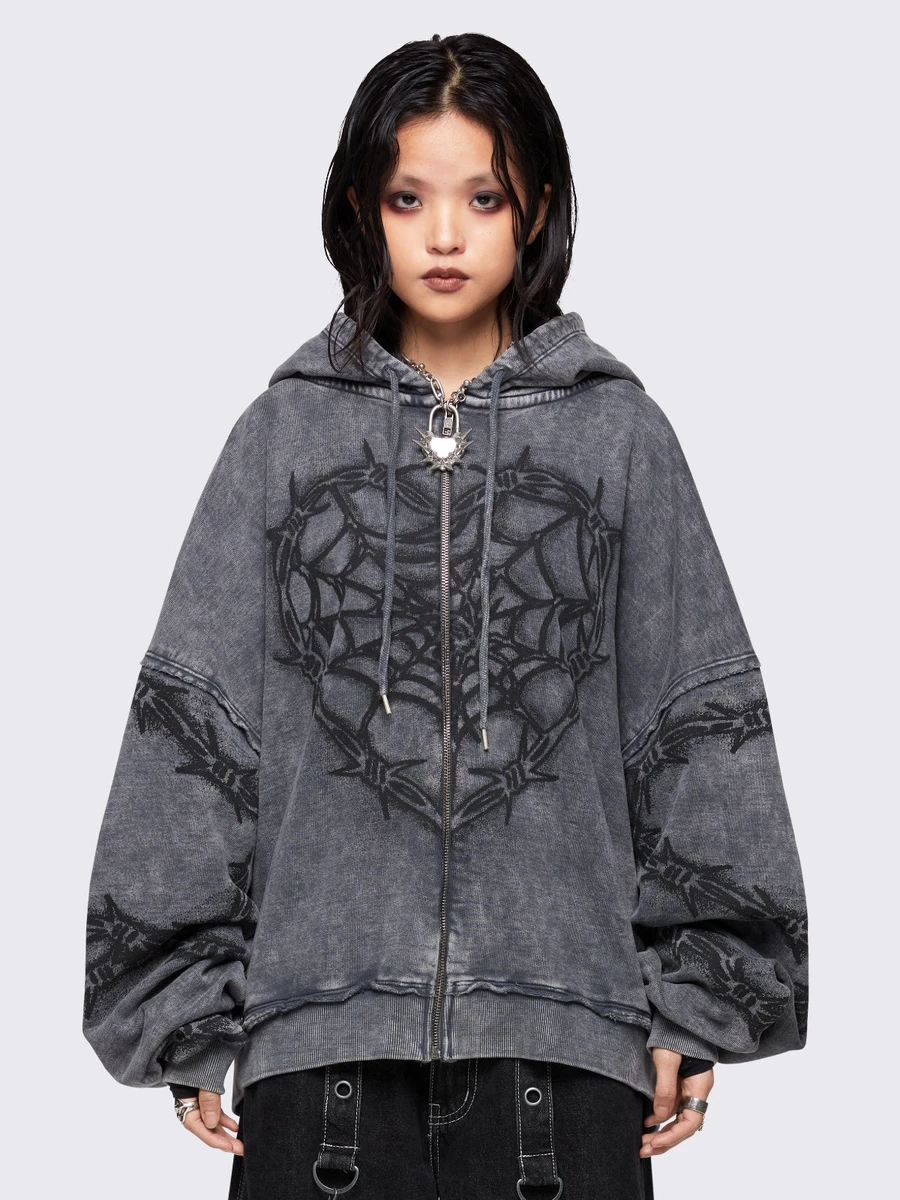 Love Web Washed Zip Up Hoodie