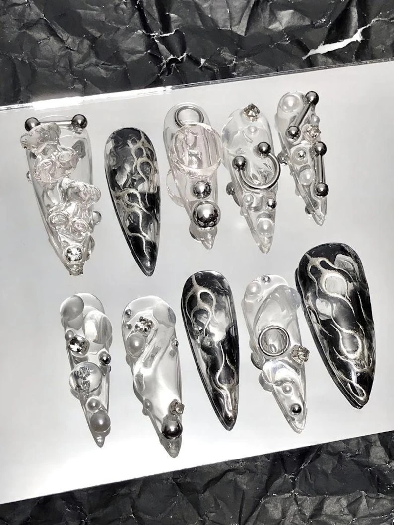 silver chrome y2k aespa nails / hand painted nail /custom press on nails/ hand made Press on Nails/Faux Acrylic Nails/ y2k Nail