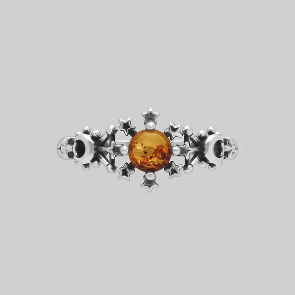SOLARIS. Flaming Sun Amber Ring - Silver